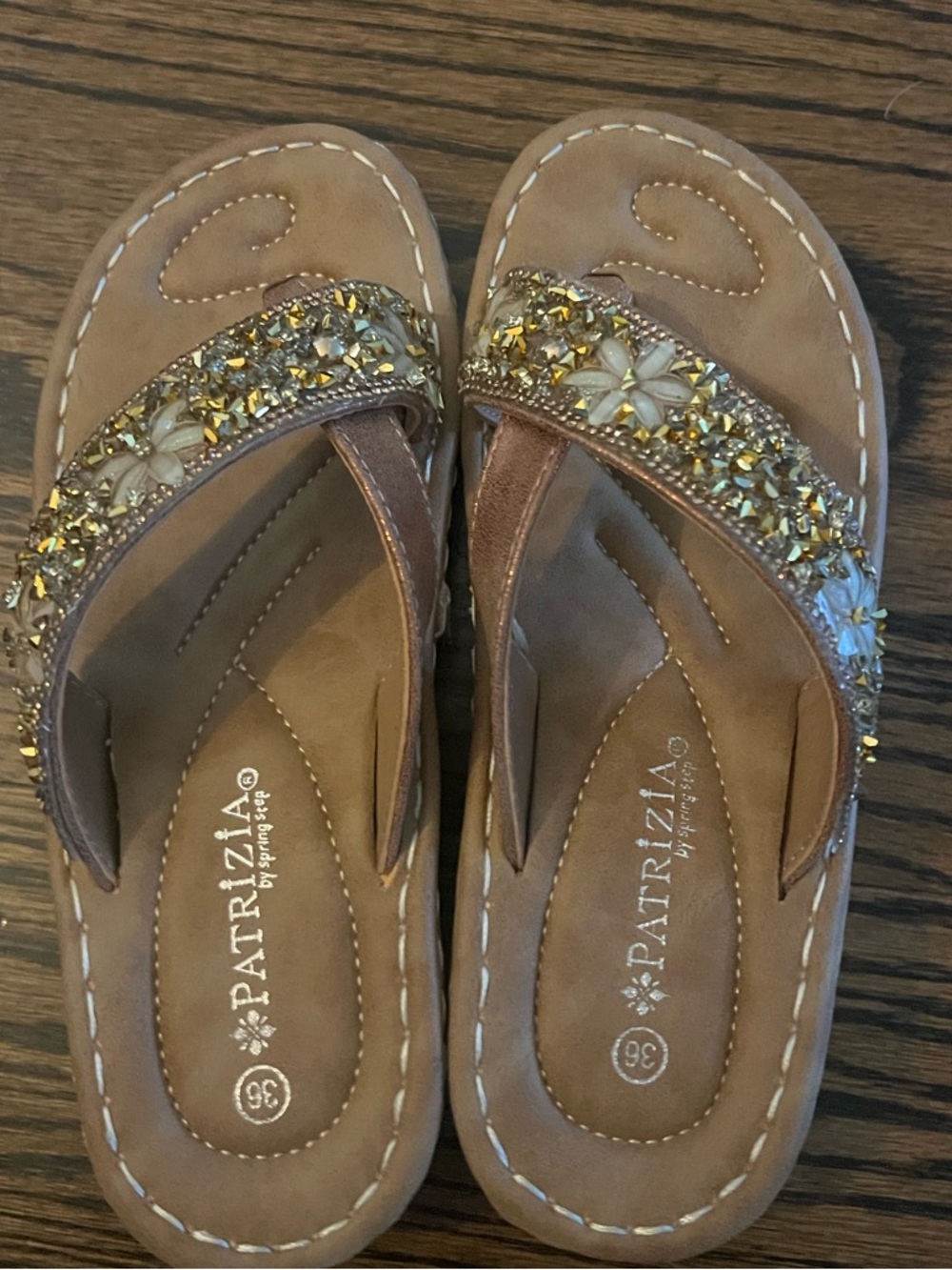 Gold-Beaded Tan Women's Thong Sandals/Patrizia shoes